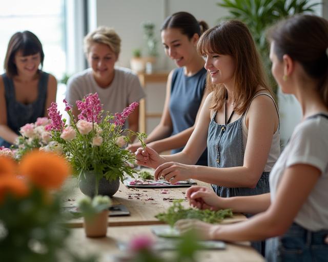 A group of people enjoying a flower arranging workshop with guidance from an instructor.